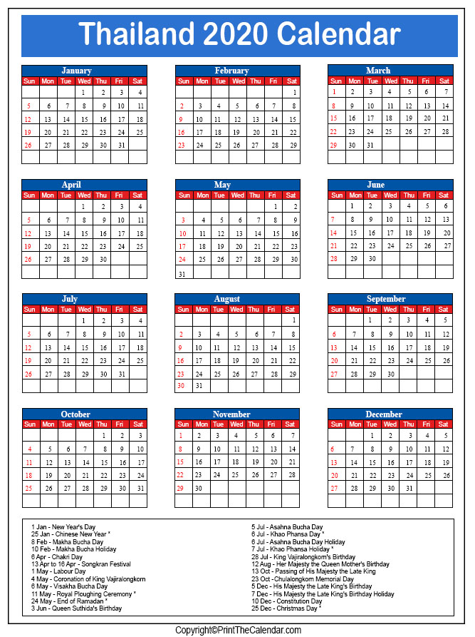 Thailand Printable Calendar 2020